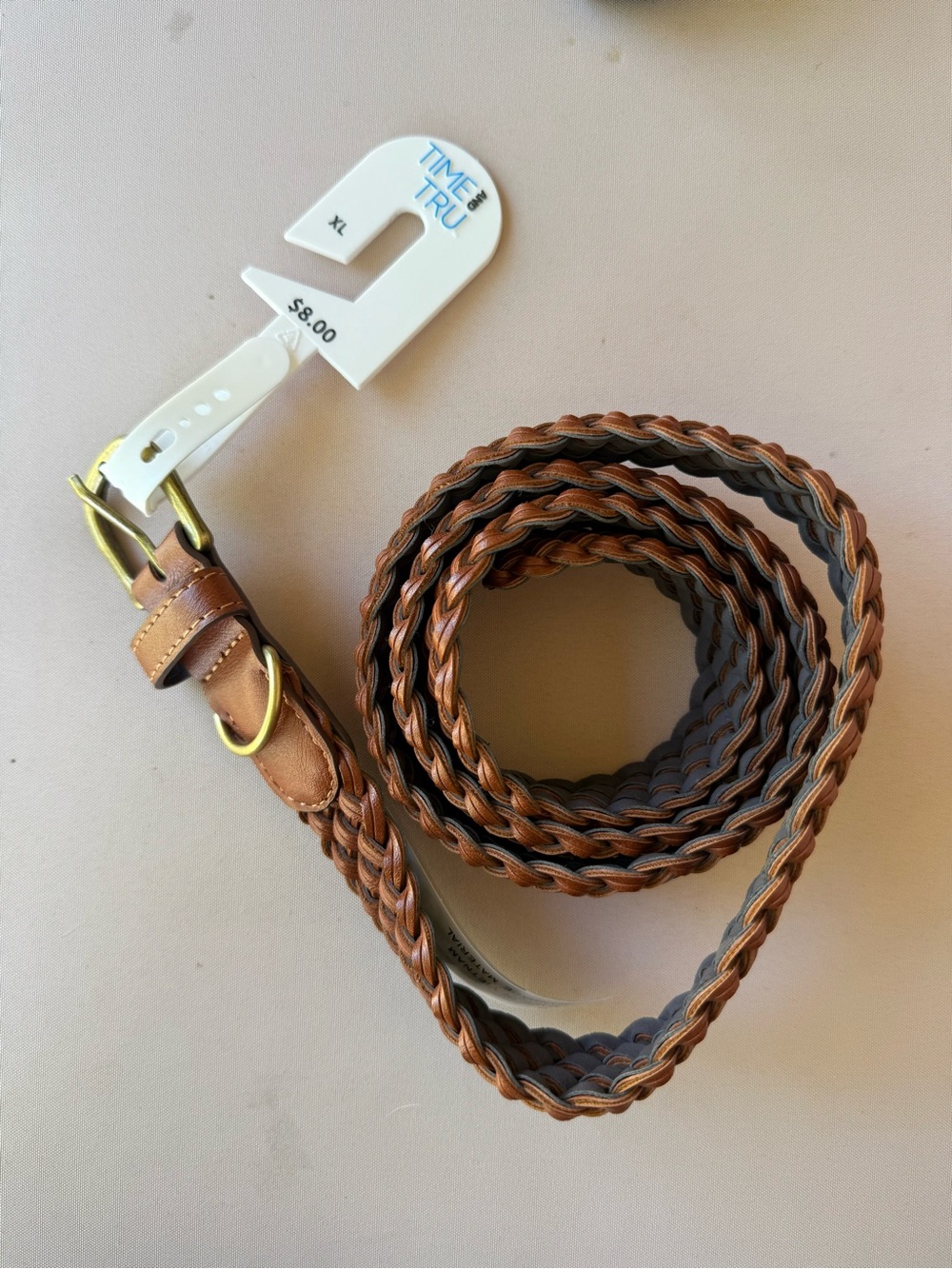 Time and Tru Brown Braided Leather Belt with Brass-Tone Buckle